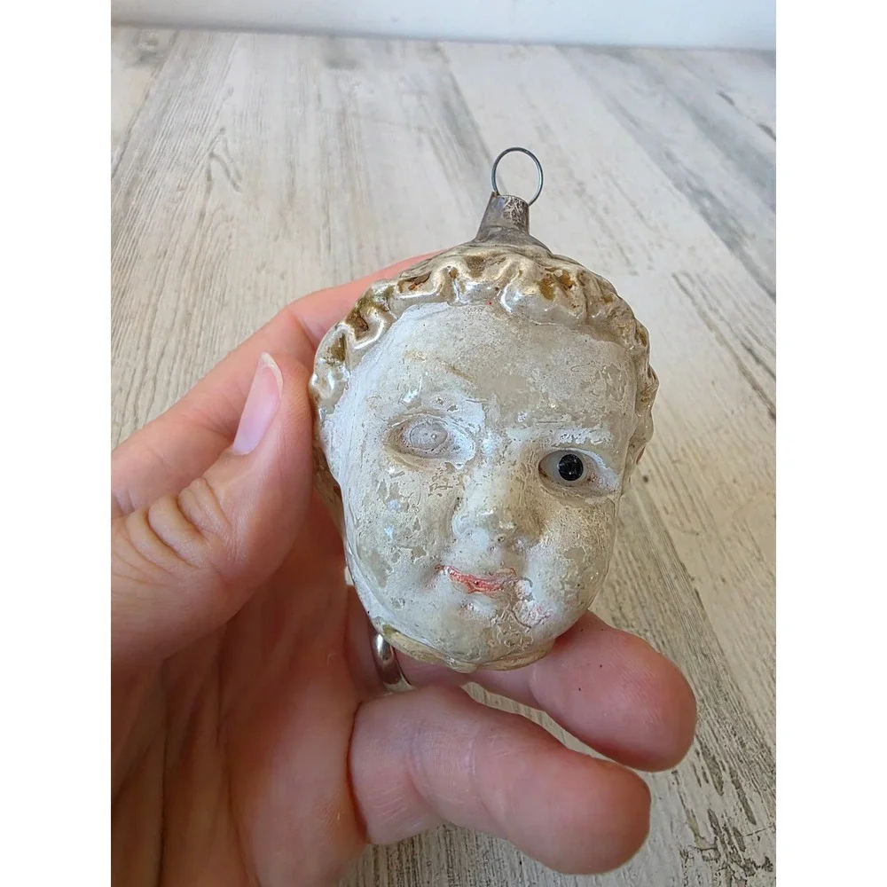 Antique head child milk glass eyes mercury glass ornament Xmas tree